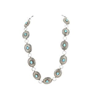 Belt Necklace Vintage Navajo Native Indian Oval Blue Turquoise Sterling Silver